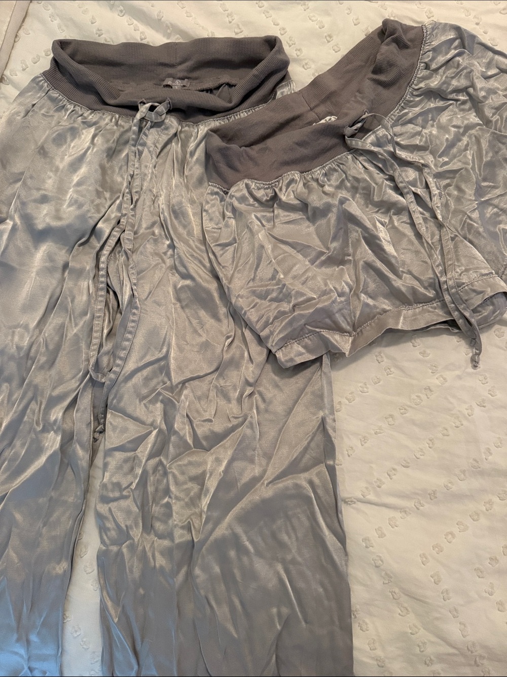 Silver Gray Satin Pajama pants and shorts with Drawstring Waist